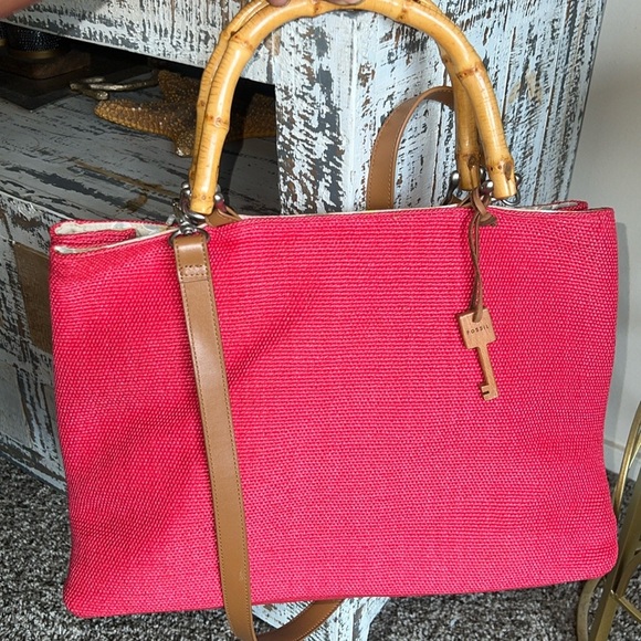 Fossil Bamboo Wooden Handle Woven Satchel Crossbody Pink Purse - Picture 1 of 12